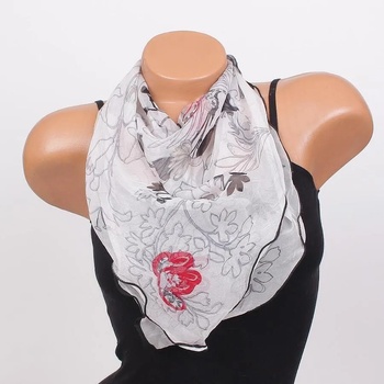 Image 1 of Дамско фишу в бяло с черни и червени цветя