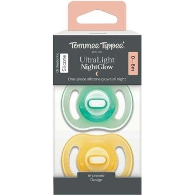 Tommee Tippee Ultra-light Night silikonový dudlík 2 ks žlutá a zelená