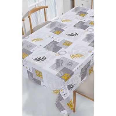 Ubrus PVC 3581569, metráž, šířka 140 cm, kapradí šedo-žluté s ornamenty, IMPOL TRADE