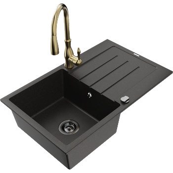 Mexen Bruno гранитна мивка с 1 отделение с отцедник и кухненски смесител Savita, черен/златен металик - 6513-75-672601-50-B (6513-75-672601-50-B)