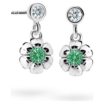 Danfil dětské náušnice kytičky C2151 z bílého zlata s kamínkem Emerald Green zapínání puzeta