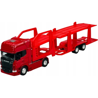 WELLY SCANIA V8 R730 ČERVENÁ + AUTOPŘEPRAVNÍK LORANÁKLADNÍ AUTO NOVÝ MODEL TIR 1:64
