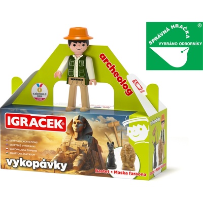 EFKO Igráček Archeolog figurka s egyptskými vykopávkami masky faraona a sošky bohyně Bastet