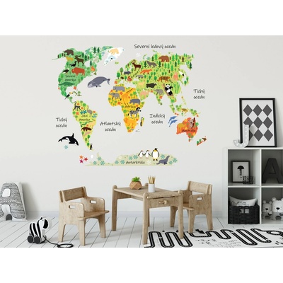 Nalepte.cz Mapa sveta so zvieratkami textilní prelepiteľné nálepky na stenu 75 x 59 cm