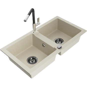 Mexen Mario двоен кухненски мивка с батерия Flora, бежов - 6504-69-670401-07-B (6504-69-670401-07-B)