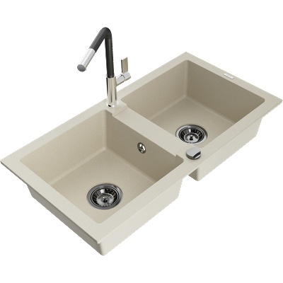Mexen Mario двоен кухненски мивка с батерия Flora, бежов - 6504-69-670401-07-B (6504-69-670401-07-B)