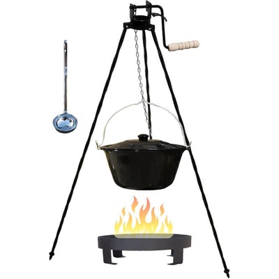 Kessel kotlík na guláš smalt 20 l speciální trojnožka s pojistný kladkou VAR 1,25 m na kotlík poklice smalt 49 cm ohniště na oheň 36 cm naběračka INOX