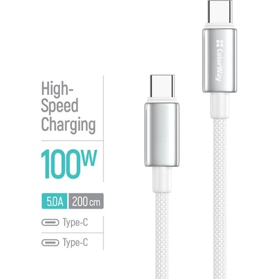 ColorWay CW-CBPDCC099-W USB-C – USB-C (zinková zliatina, nylonové opletenie) PD Fast Charging 100W, 5A 2m bílý
