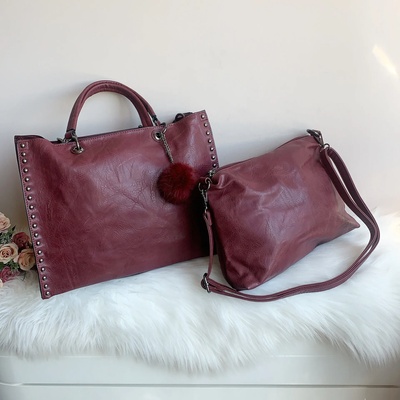 Кожена дамска чанта 2 в 1 Бордо Модел-527