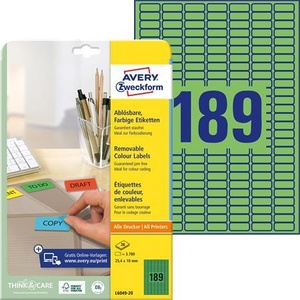 Avery-Zweckform Етикет, универсален, 25.4х10 мм, подвижен, заоблени ъгли, avery zweckform, 3780 етикета/пак, зелен (l6049-20)