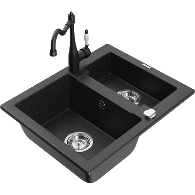 Mexen Carlos гранитна мивка 1, 5-камерна с кухненски смесител Carla, черен/сребърен металик - 6518-73-670700-70 (6518-73-670700-70)