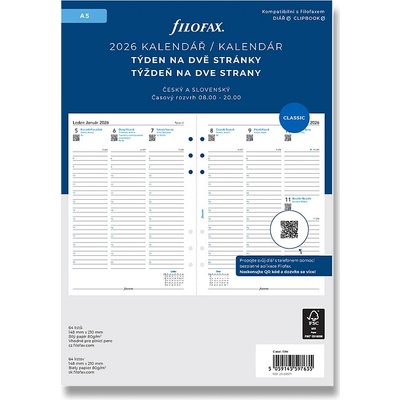 FILOFAX kalendář A5, týden/2 str, linky, ČJ+SJ 2026