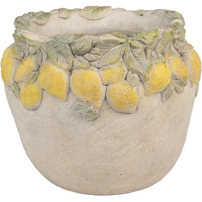 Clayre & Eef Béžový cementový kvetináč lemovaný citrónmi Lemoni - 22x19 cm