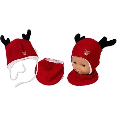 Baby Nellys pletená dvouvrstvá čepice s šátkem Sobík červená/bílá