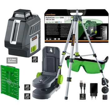 Laserliner Линеен лазерен нивелир със зелен лъч, статив и куфар с аксесоари Laserliner PocketLine-Laser G360 Set, 036.723A - 30 m, 0.3 mm/m (036.723A)