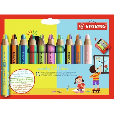 Stabilo Multifunkčná farbička woody 3v1 duo dvojfarebná tuha 10 ks sada so strúhadlom