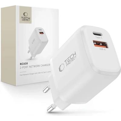 Tech-Protect nca30 мрежово зарядно с 2 порта pd 30w / qc3.0 бял (5906302318766)