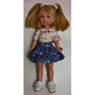 Vestida de Azul Realistická holčička Carlota v riflové puntíkované sukni Carlota- 28 cm