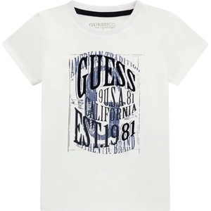 GUESS Бяла памучна тениска за мини момче с контрастни надписи в черно и синьо Guess
