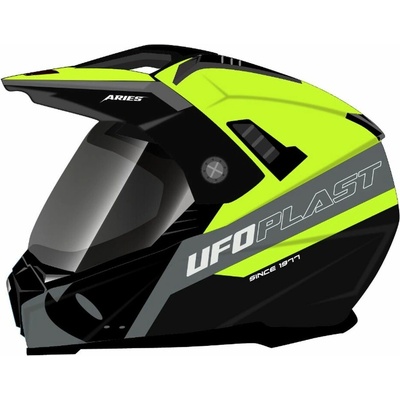 UFO přilba ARIES OFFROAD / DUAL / TOURER / CROSSOVER se štítem, kšiltem a sluneční clonou barva černá/šedá/žlutá fluo velikost XL (ECE 22R06)