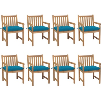 vidaXL Градински столове, 8 бр, светлосини възглавници, тик масив (3073077)