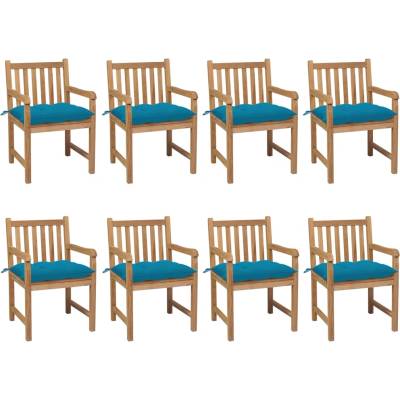 vidaXL Градински столове, 8 бр, светлосини възглавници, тик масив (3073077)