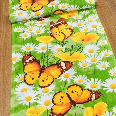 Bavlněné plátno vaflovina, utěrkovina / štola na metráž 703023 kopretiny a motýli na zelené, š. 50cm (látka v metráži)