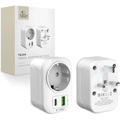 Tech-Protect ta100 travel adapter uk to eu white (5906302368525)