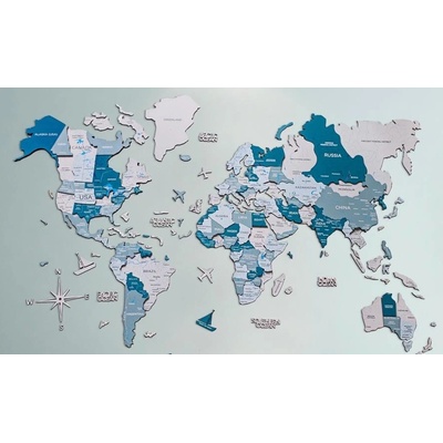 3D mapa sveta na stenu drevená - AQUA 100x60cm