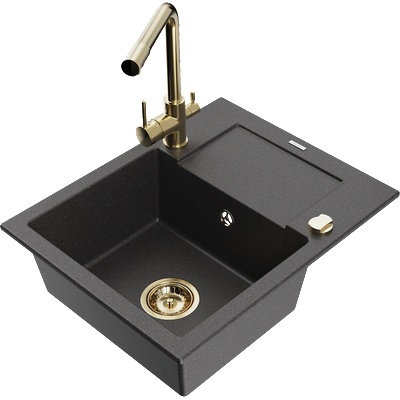 Mexen Enzo гранитна мивка с 1 корито и отцедник и кухненски смесител Duero, черна на пръски - 6506-76-671600-50 (6506-76-671600-50)