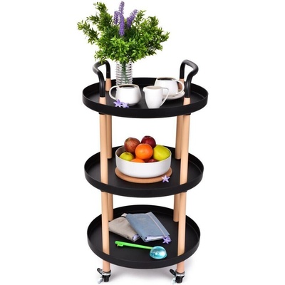 Trolley pojízdný vozík 3patrový multifunkční kulatý regál na kolečkách výška 86 cm černý