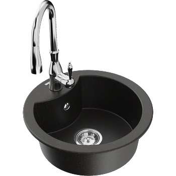 Mexen Diego кухненска гранитна мивка с 1 отделение и кухненски смесител Savita, черен/златен металик - 6512-75-672601-00 (6512-75-672601-00)