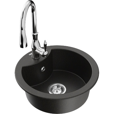 Mexen Diego кухненска гранитна мивка с 1 отделение и кухненски смесител Savita, черен/златен металик - 6512-75-672601-00 (6512-75-672601-00)