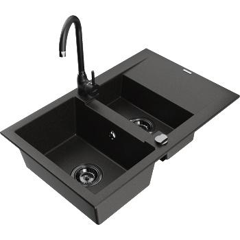 Mexen Gaspar гранитна мивка с 1, 5 камери с отцедник и кухненски смесител Telma, черен/златист - 6507-75-670200-70-B (6507-75-670200-70-B)