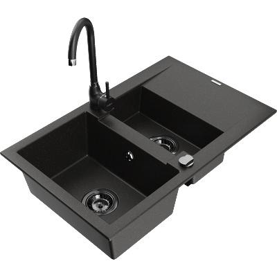 Mexen Gaspar гранитна мивка с 1, 5 камери с отцедник и кухненски смесител Telma, черен/златист - 6507-75-670200-70-B (6507-75-670200-70-B)