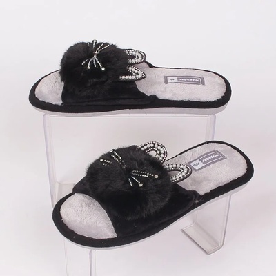 Меки дамски пантофи в черно с пухче - коте