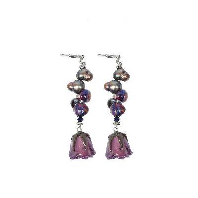 Обици с естествена роза, сладководни перли и стъклени мъниста Night Rose Dannyra Jewels