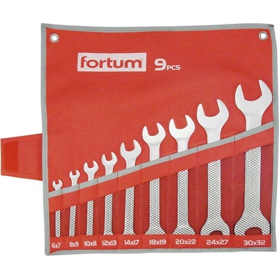 Fortum Ключ cl. 9бр. 6-32мм, 61CrV5, матов хром; 6x7, 8x9, 10x11, 12x13, 14x17, 18x19, 20x22, 24x27, 30x32мм, калъф от платно