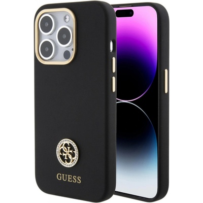 Guess Liquid Silicone 4G Strass Metal Logo iPhone 15 Pro černé