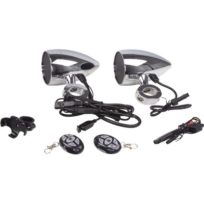 Zvukový systém na motocykl, skútr, ATV s USB, BT, 2 x dálkové ovládání, barva chrom