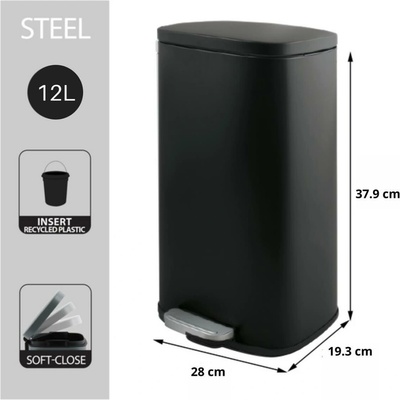 Spirella pedálový odpadkový kôš Akira, matný čierny, oceľ, soft-close, 12 l