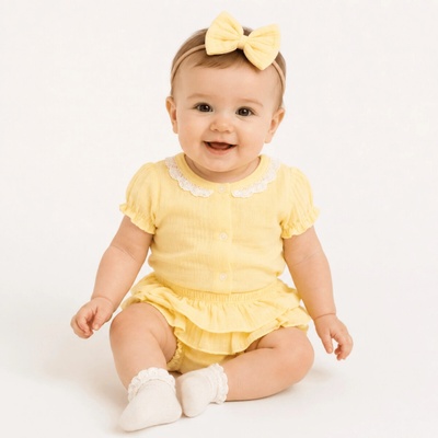 Baby Nellys 3-dielna mušelínová súpravička body kraťasky+čelenka GIRL žltá