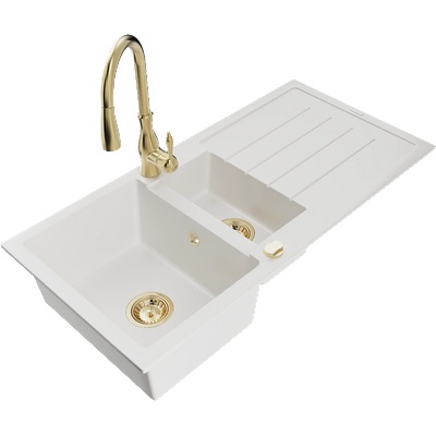 Mexen Andres гранитна мивка 1, 5-коморова с отцедник и кухненски смесител Savita, бяла - 6515-20-672601-50 (6515-20-672601-50)