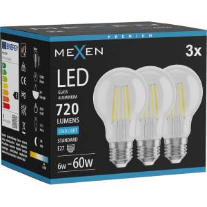 Mexen Vintis 3x LED нажежаема жичка крушка E27, A60, 6W, Студена - 6500K, 720 lm, прозрачна (L150-E27-0665-00x03)