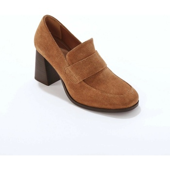 Mokasíny z kožené usně na podpatku karamelová