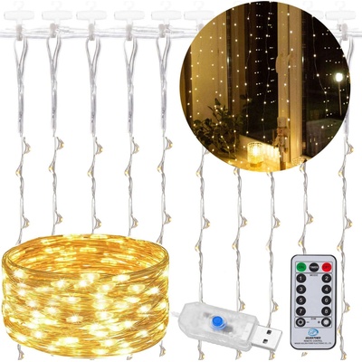 SPRINGOS Гирлянд за перде 200 LED, 2x2m, за вътрешно ползване, USB захранване, топло бяло (жълто) (CL4020)
