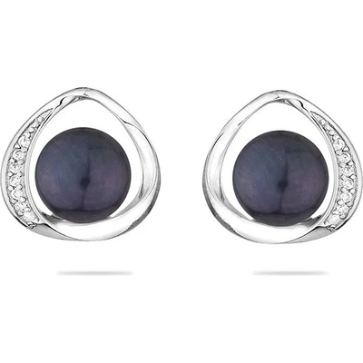 Swan Сребърни обици със сладководна черна перла и цирконий LA924EB Swan