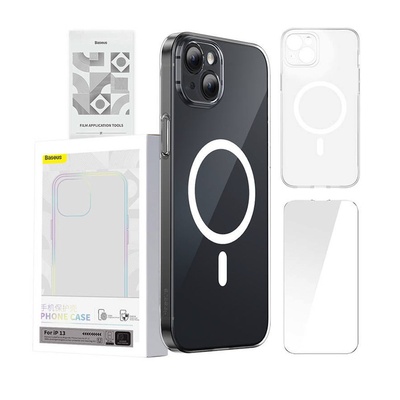 Baseus Crystal Magnetic Case Set (ARSJ010602) - поликарбонатов кейс с MagSafe и стъклено защитно покритие за дисплея за iPhone 13 (прозрачен)
