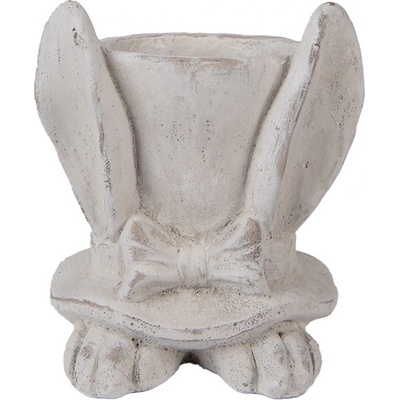 Clayre & Eef Šedý antik cementový květináč králičí uši s kloboukem M 17x16x19 cm