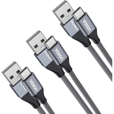 VOXON CUC02105GA02 3-pack Braided USB-C to USB-A Cable - комплект 3 броя изключително здрави и качествени плетени USB-C кабели за устройства с USB-C порт (тъмносив)